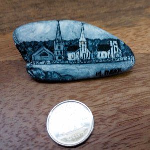 Hand Painted Stone Brooch, Mahone Bay, N.S. M. Meak, Vintage Scenic Painting